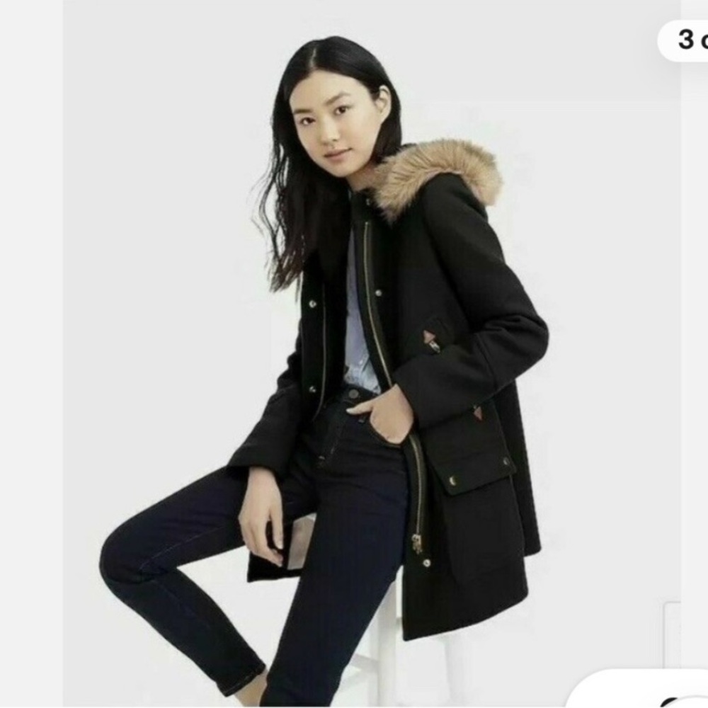 J. Crew Black Hooded Parka with Tan Faux-Fur Trim